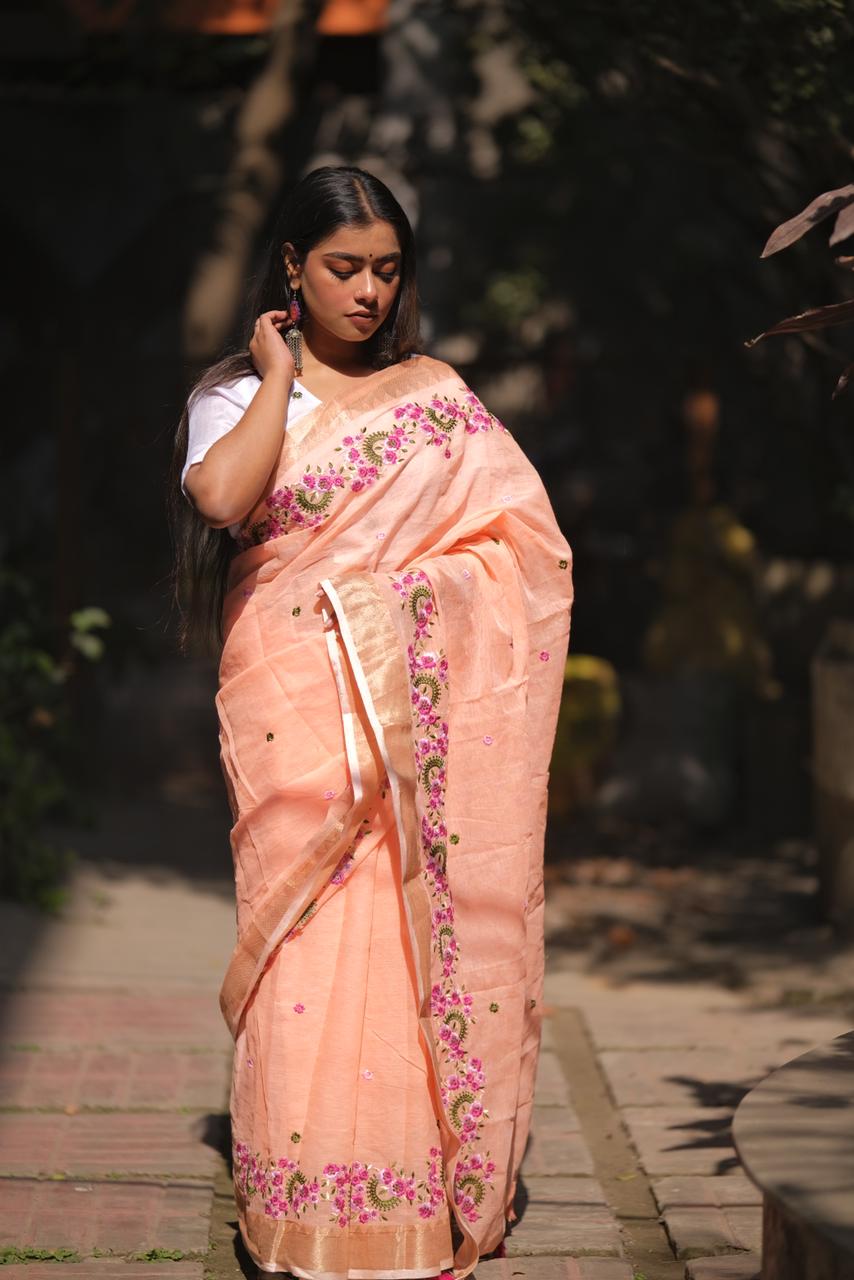 Embroidery Soft Linen Designer Sarees