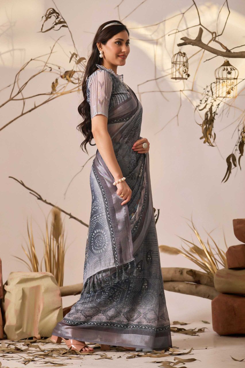 Premium Linen Cotton Saree with Digital Floral & Ethnic Print and Patola Style Border