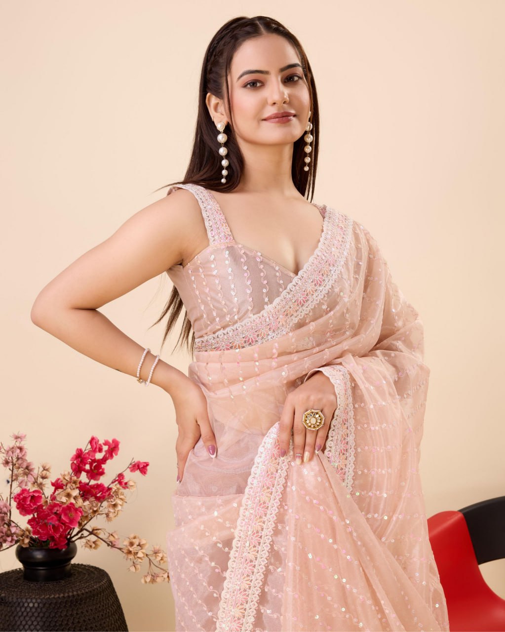 Beautiful Designer Saree on *Soft Gold Net* fabric & Embroidery work