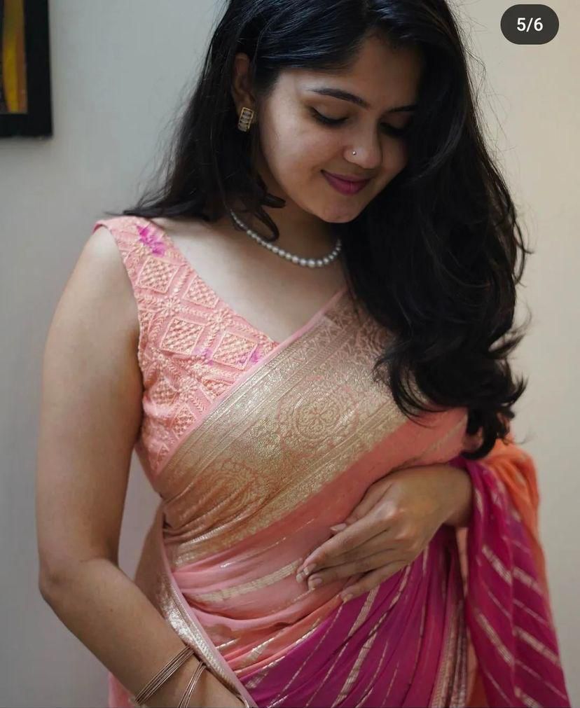 Pure Viscous Georrgte 2D Shade Tie&Die Zari Weaving And Weaves Lines Saree