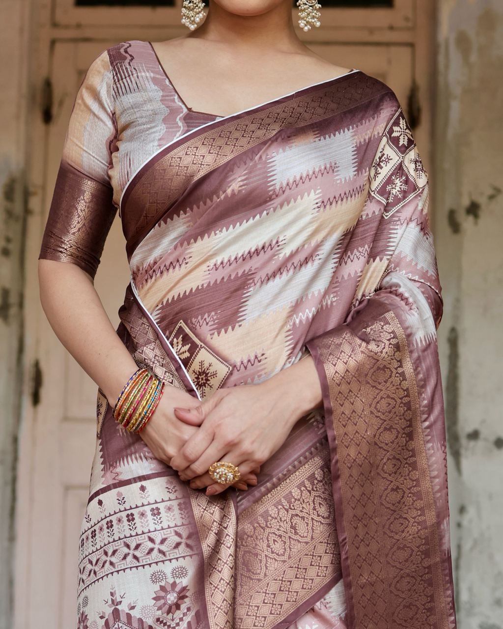 Brown Green Digital Print Dolla Silk Party Wear Ethnic Saree With Blouse