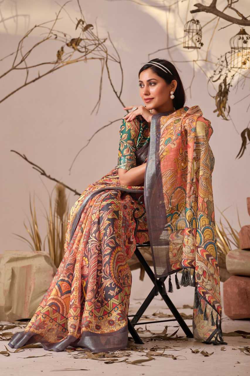 Premium Linen Cotton Saree with Digital Floral & Royal Ethnic Print and Patola Style Border