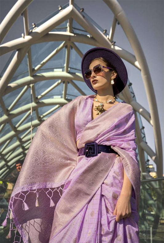 Pure Katan Silk Checks Handloom Weaving Saree (Lavender)