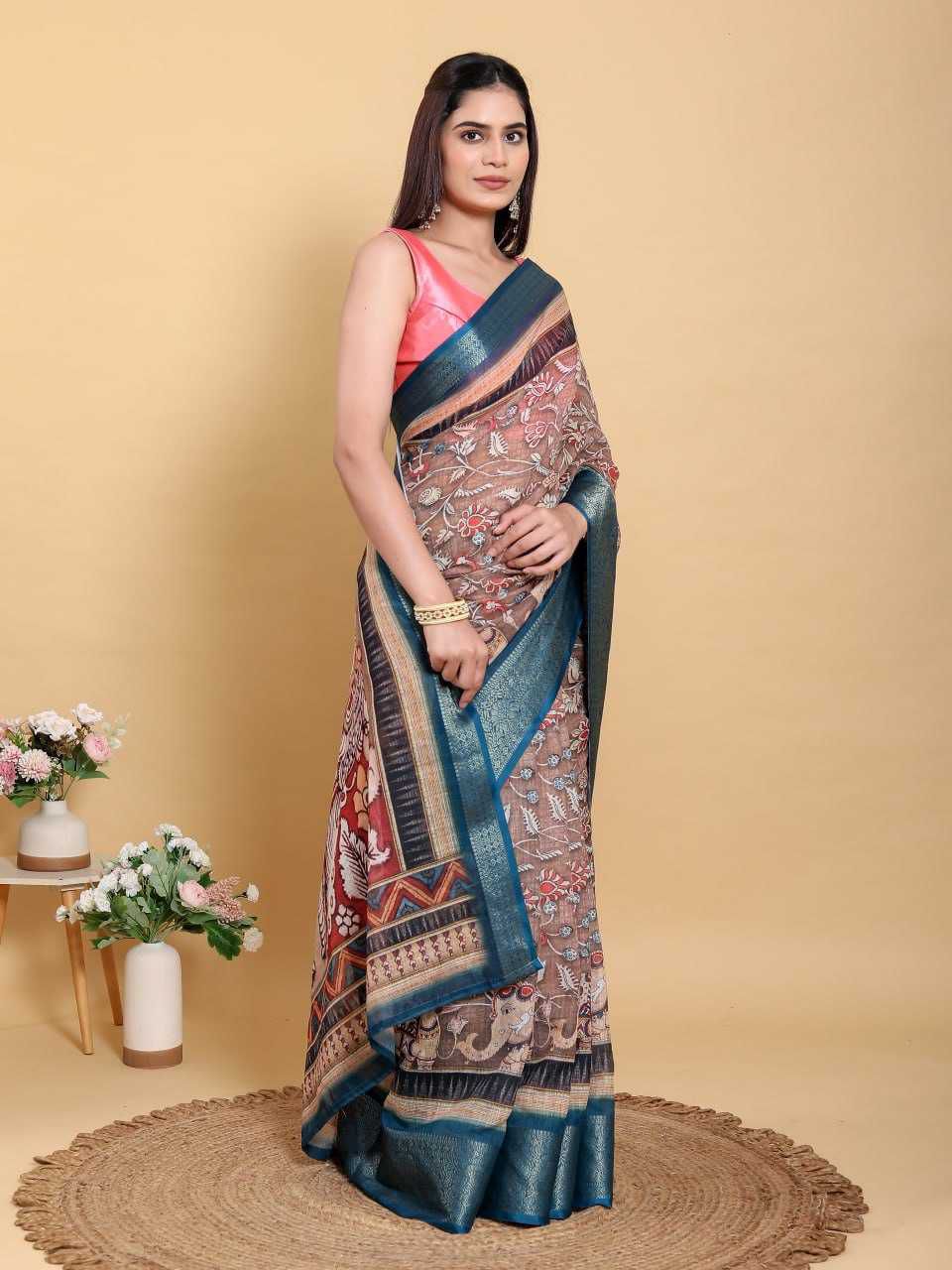 Jacquard Patta Linen Cotton Saree with Traditional Artistic Print & Teal Blue Border