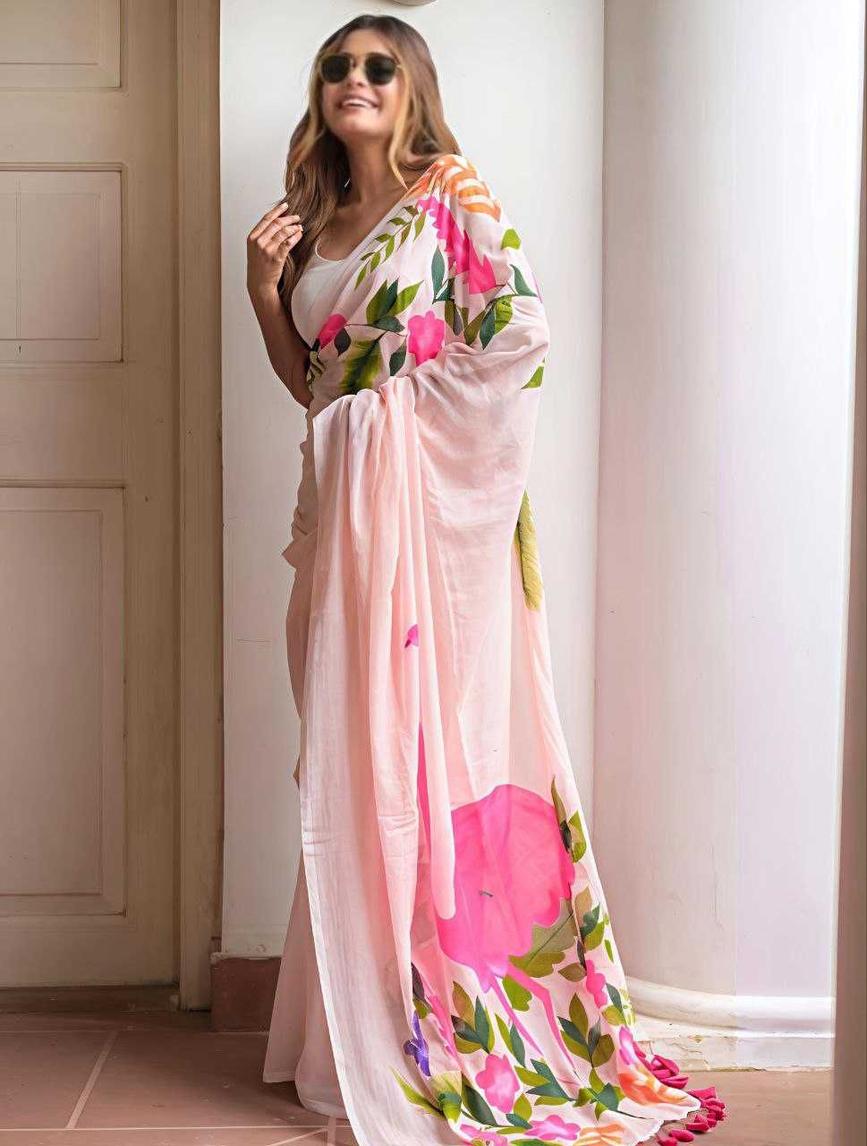 Hand Painted Flamingo Mulmul Cotton Saree