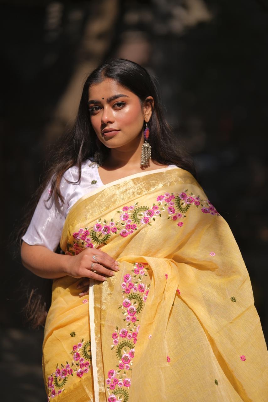 Embroidery Soft Linen Designer Sarees