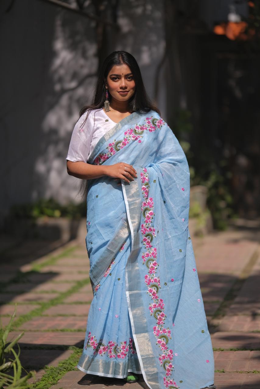 Embroidery Soft Linen Designer Sarees
