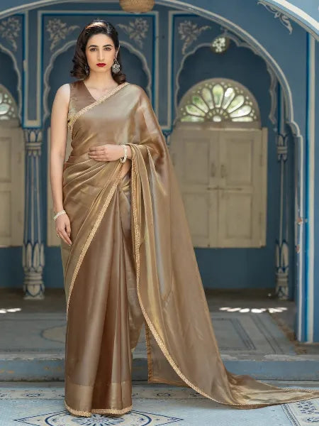 Coffee Saree in Pure Jimmy Silk With Lace Border Party Wear Saree in Coffee