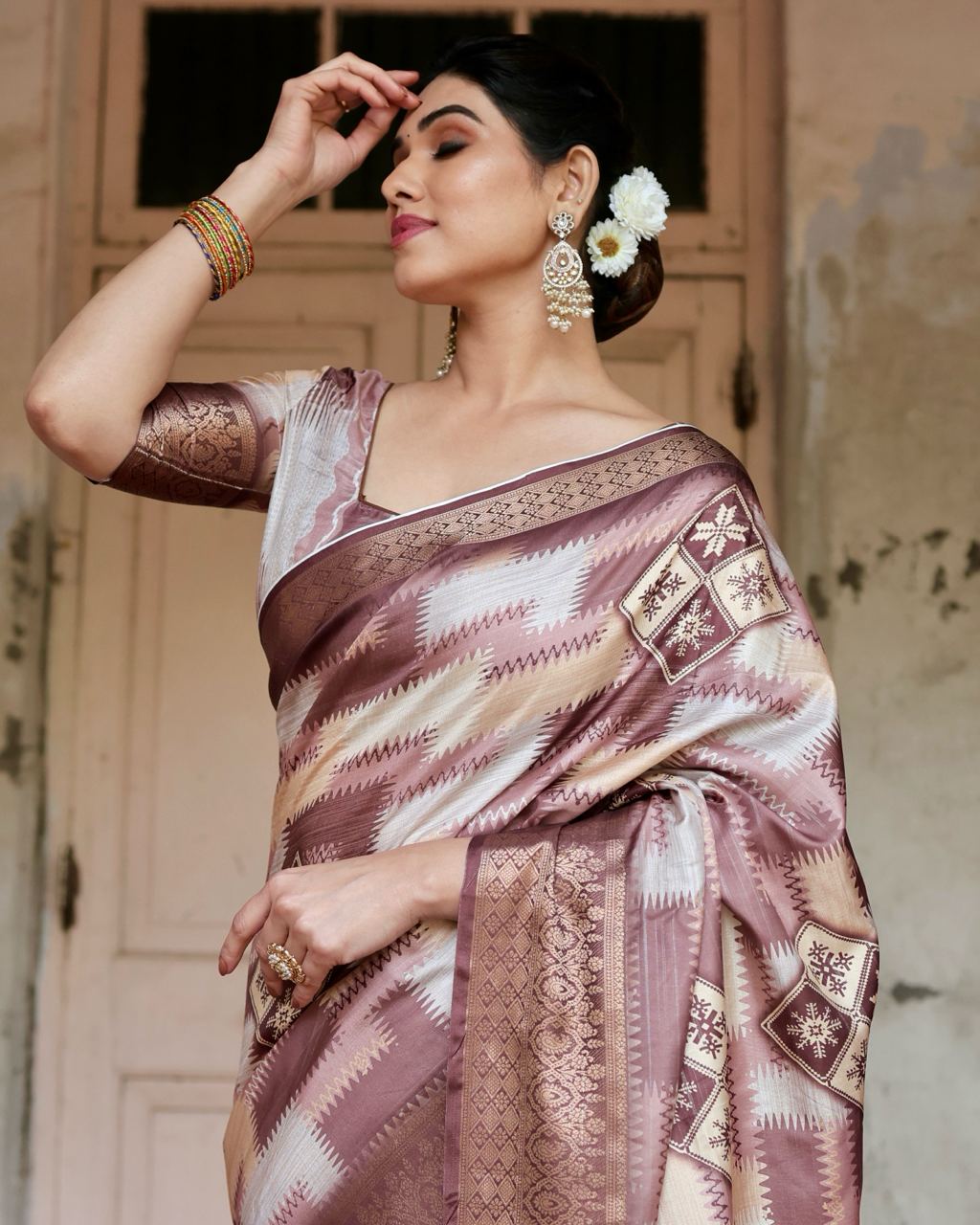 Brown Green Digital Print Dolla Silk Party Wear Ethnic Saree With Blouse