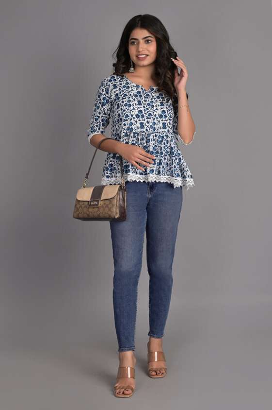 Cotton Sky Blue Casual Wear Printed Readymade Top