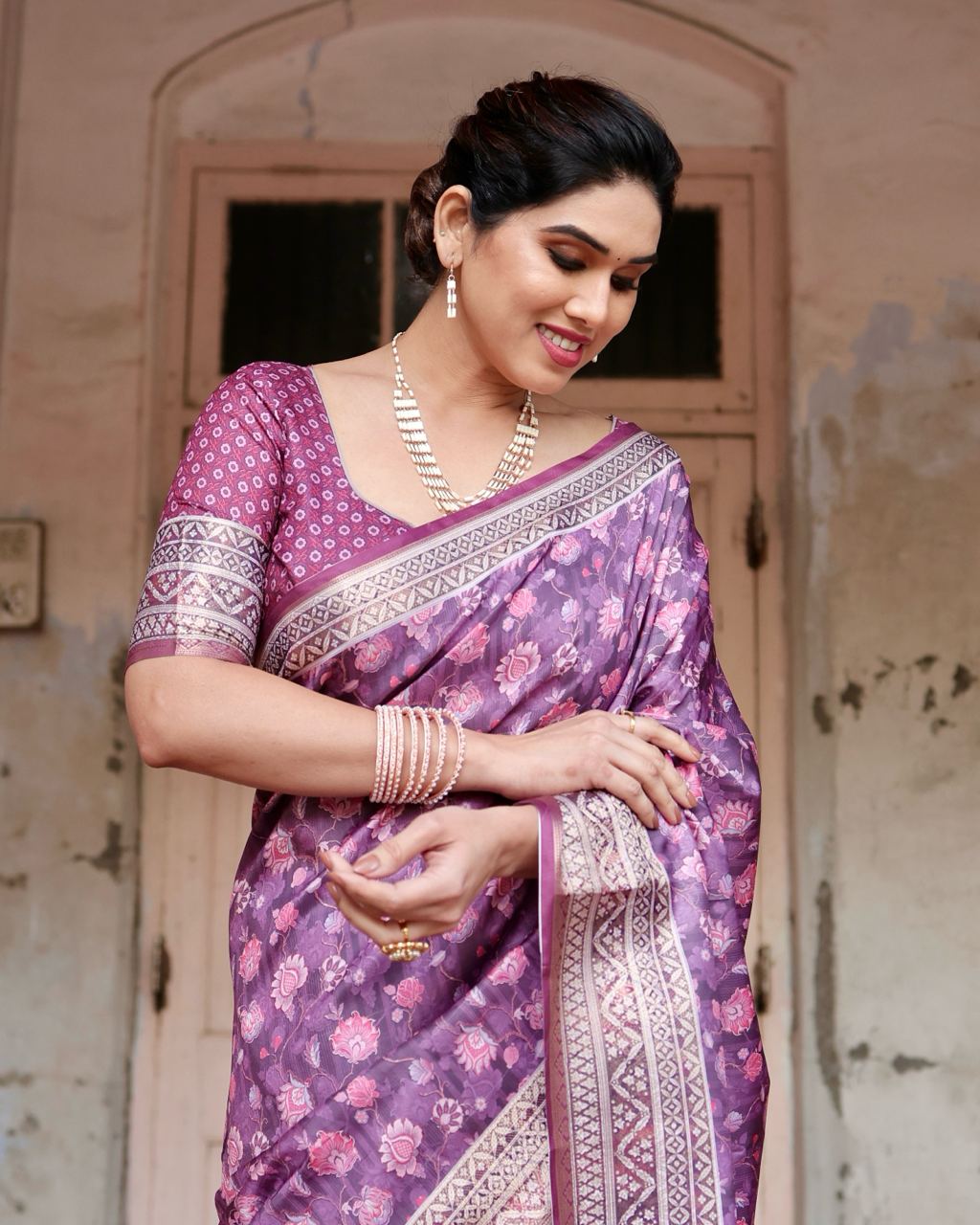 Pure Silk Saree With Digital Print and Blouse in Purple Indian Silk Saree