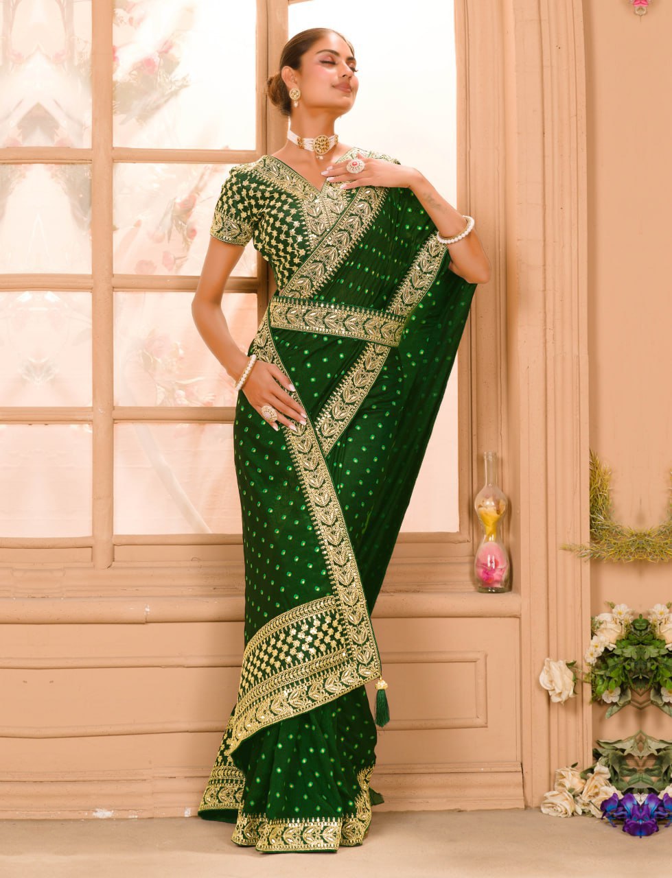 GREEN COLOUR ZARI SEQUENCE WORK DESIGNER SAREE WITH BLOUSE