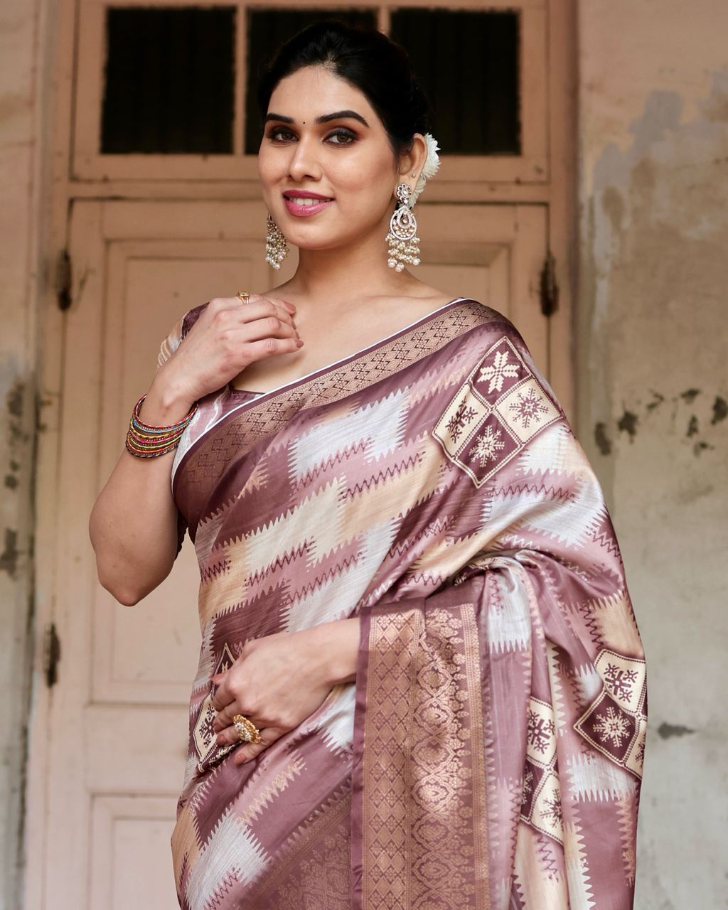 Brown Green Digital Print Dolla Silk Party Wear Ethnic Saree With Blouse