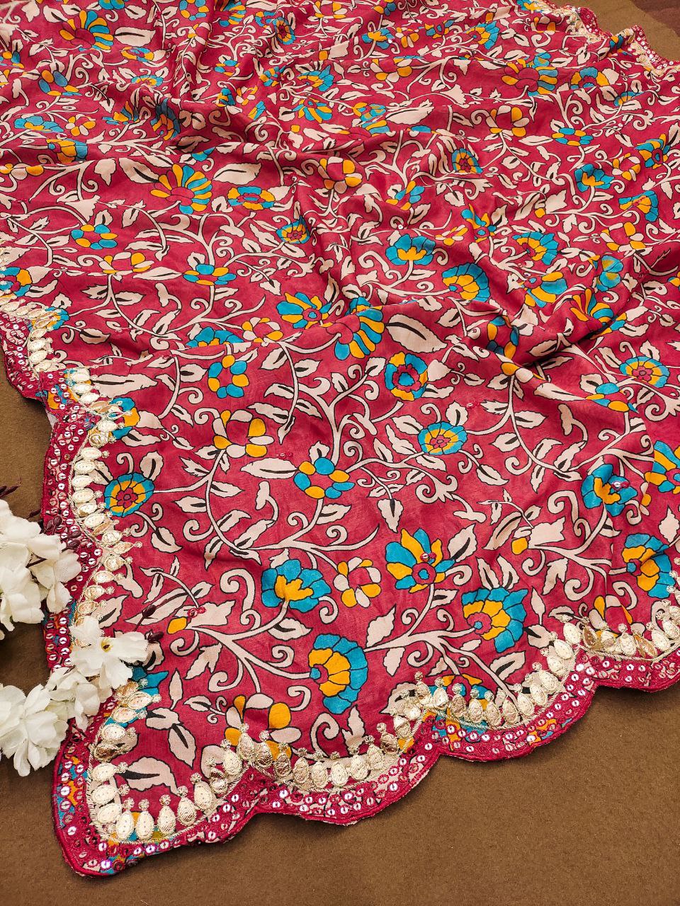 Beautiful Floral Digital Print saree with Gota Embroidery Work Border