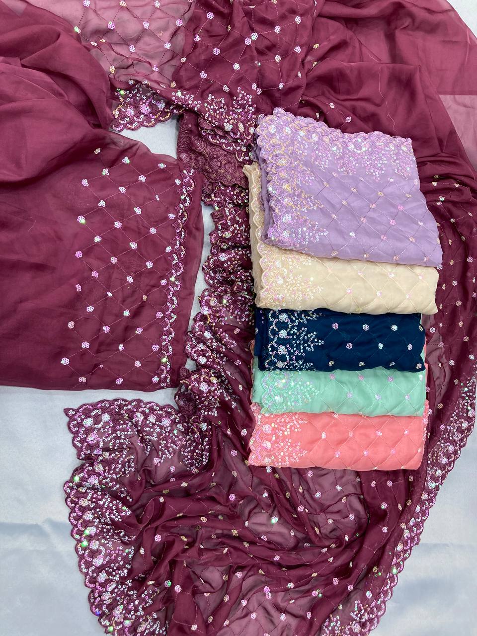 Beautiful Saree for wedding on premium Soft Taby Silk Organza fabric with C-pallu All Over Embroidery Work