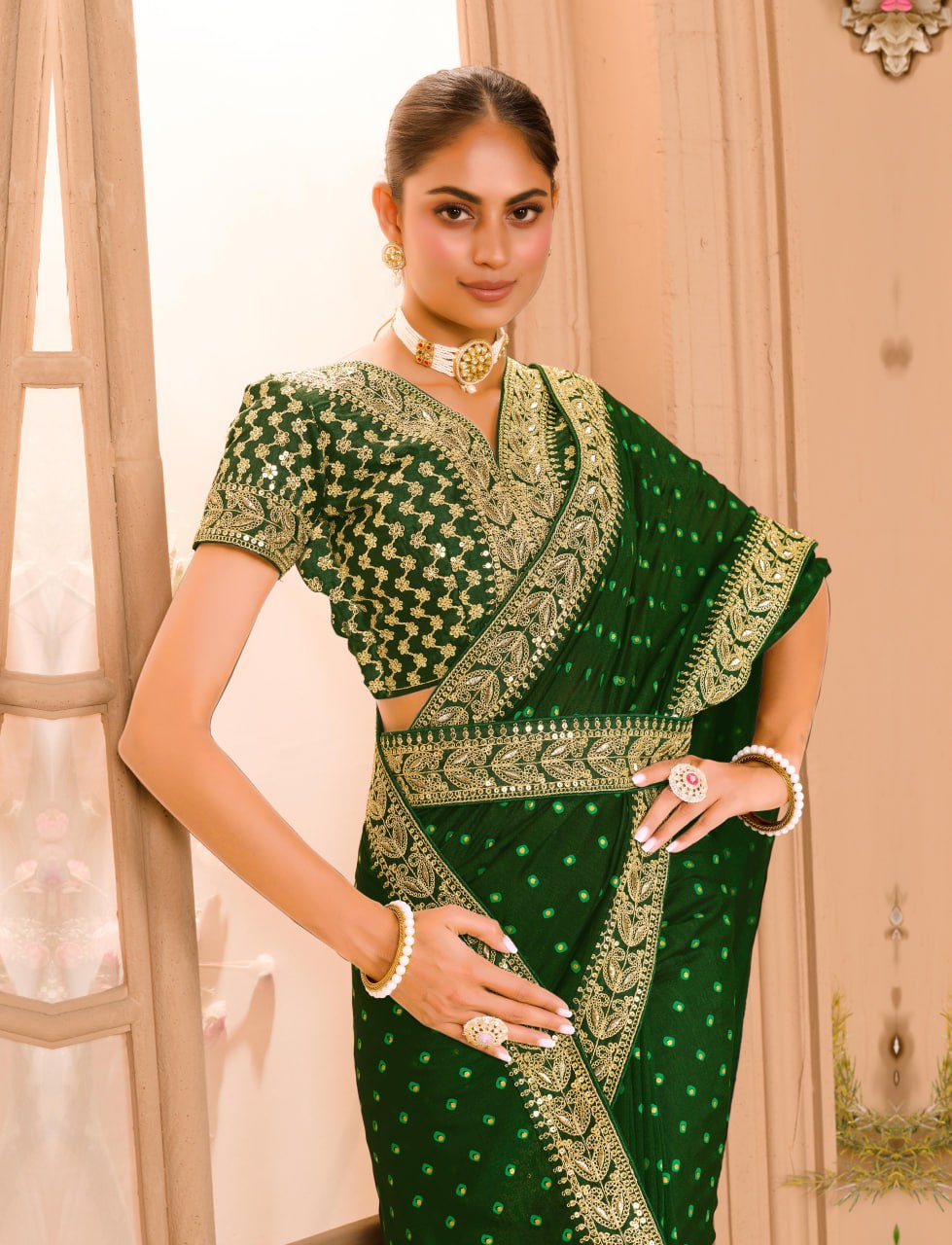 GREEN COLOUR ZARI SEQUENCE WORK DESIGNER SAREE WITH BLOUSE