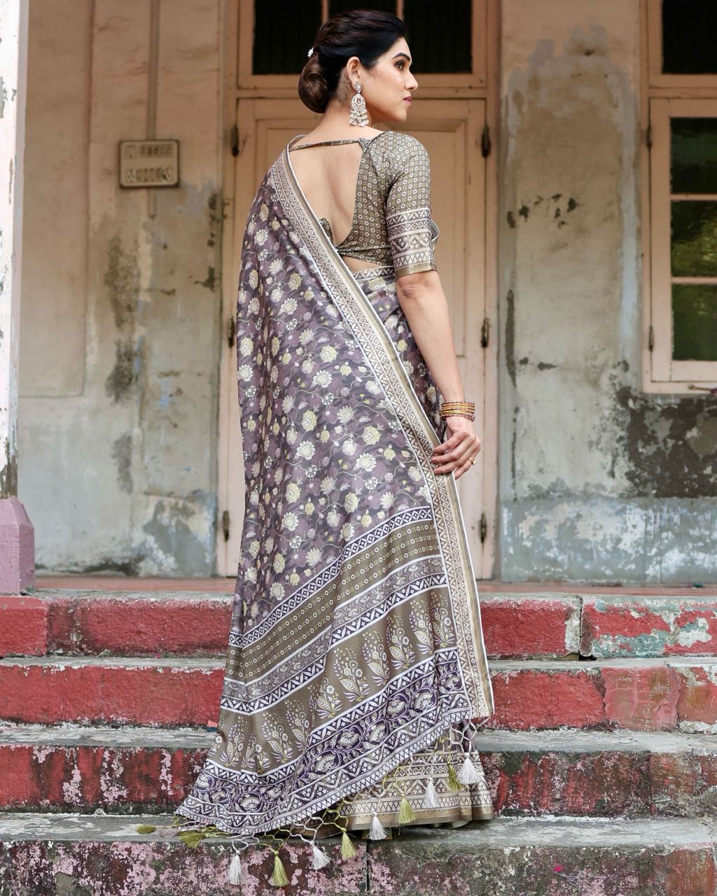 Mauve Taupe Pure Silk Digital Printed Saree