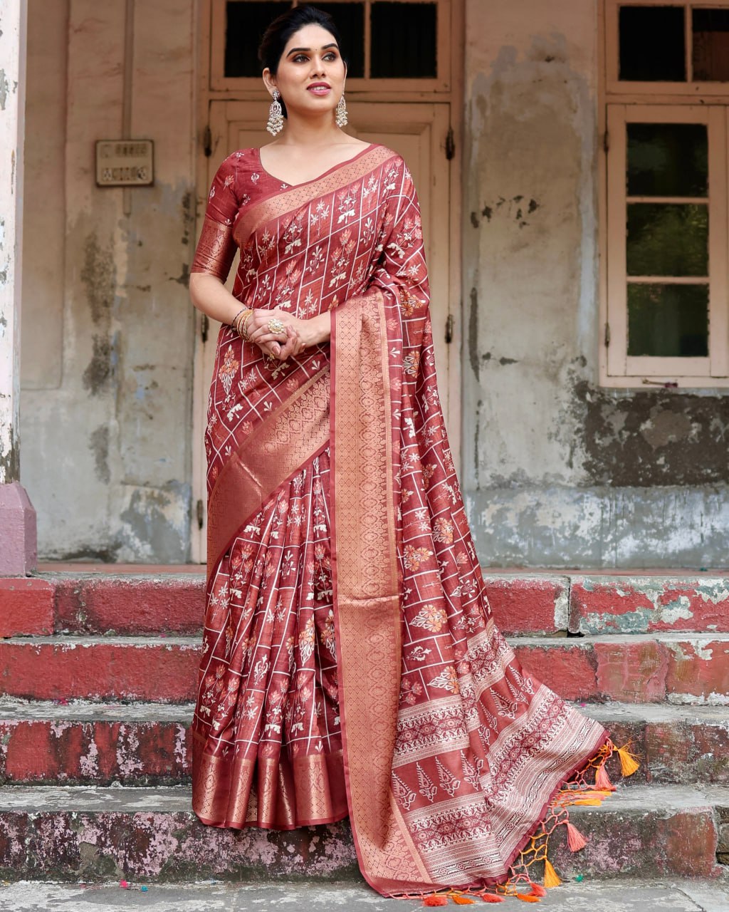Marron Color Pure Silk Digital Printed Party Wear Saree