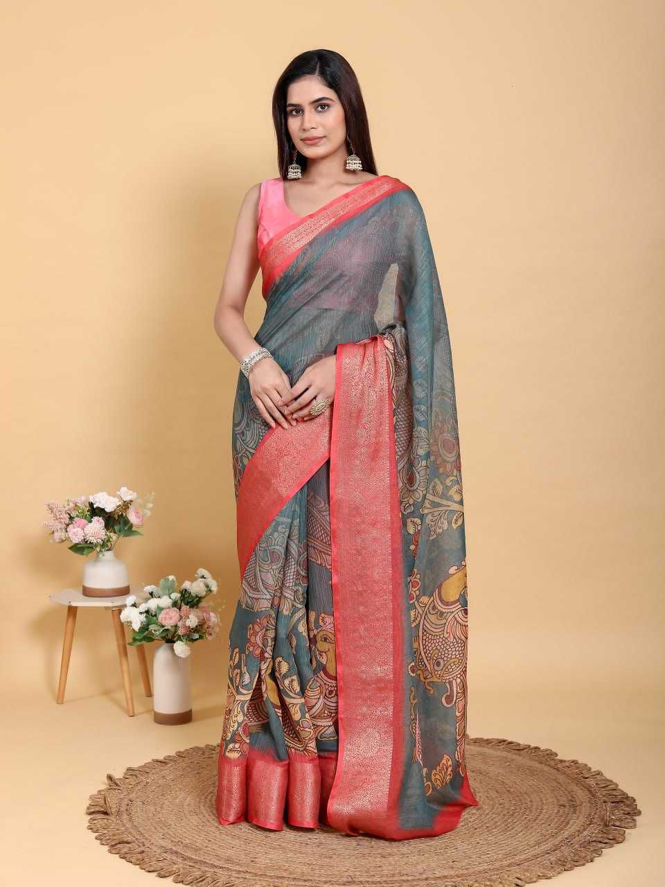 Jacquard Patta Linen Cotton Saree with Peacock & Floral Kalamkari Design and Coral-Red Border