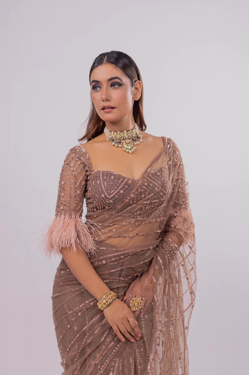 Hand Embroidered Saree with Feathers
