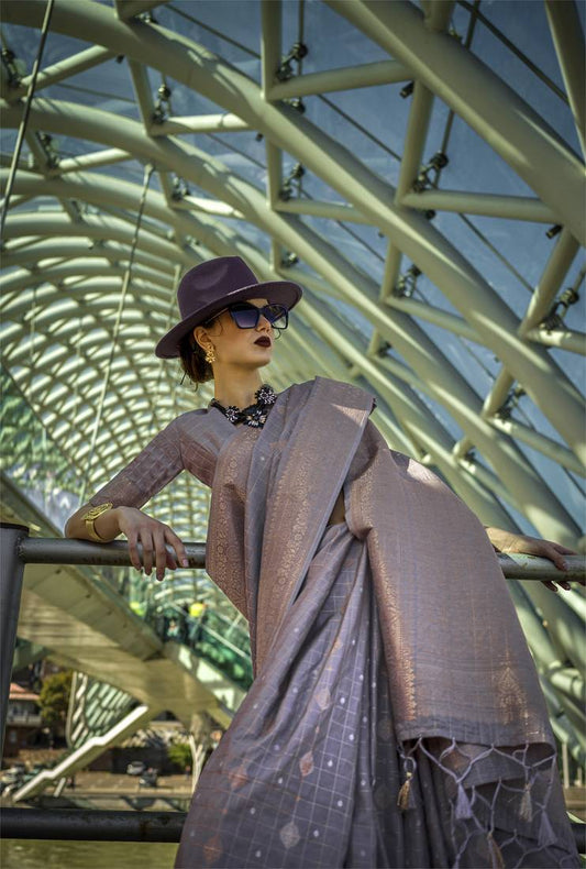 Pure Katan Silk Checks Handloom Weaving Saree (Grey)