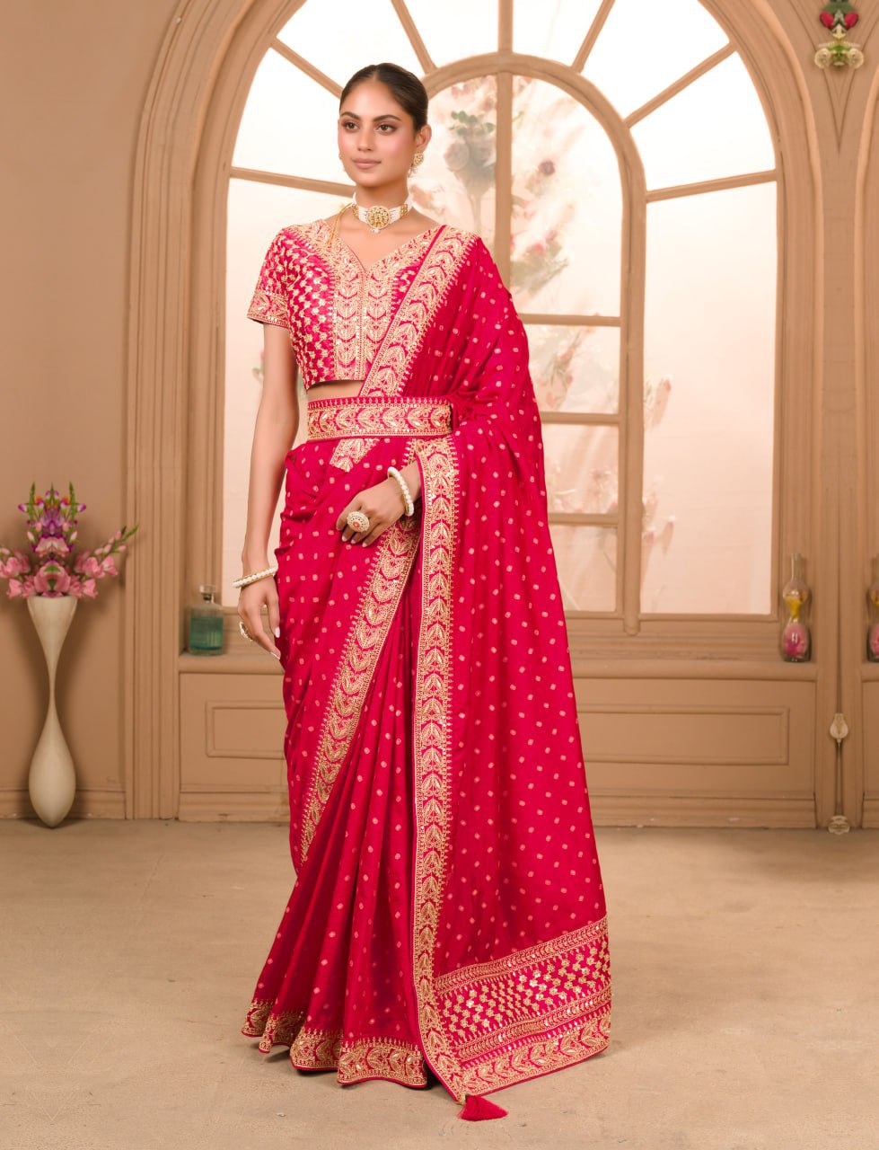RANI COLOUR ZARI SEQUENCE WORK DESIGNER SAREE WITH BLOUSE