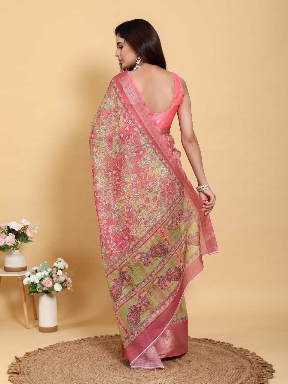 Premium Linen Cotton Saree with Jacquard Patta Weaving and Contrast Border