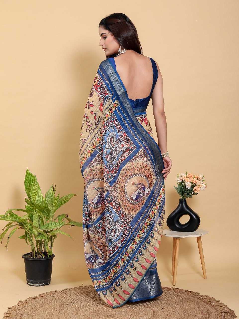 Jacquard Patta Linen Cotton Saree with Floral Print & Peacock Motif Pallu