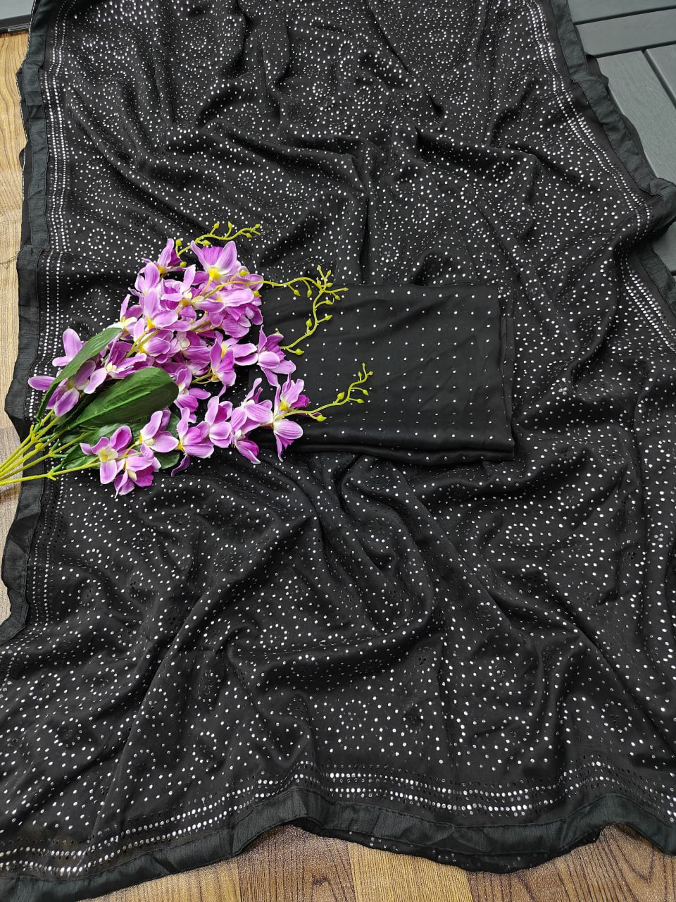 Black Swarovski Semi Crepe Designer Saree