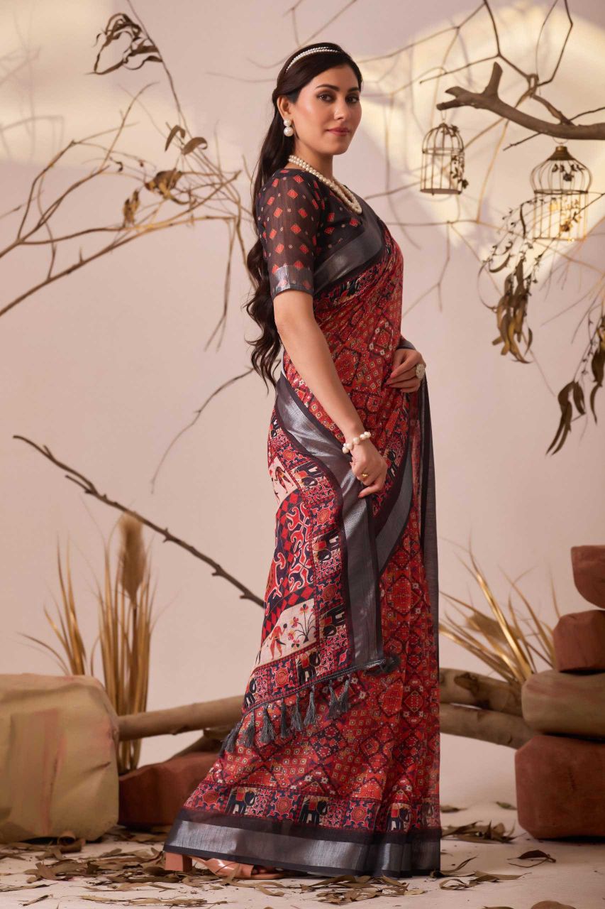 Premium Linen Cotton Saree with Digital Floral & Ethnic Print and Patola Style Contrast Border
