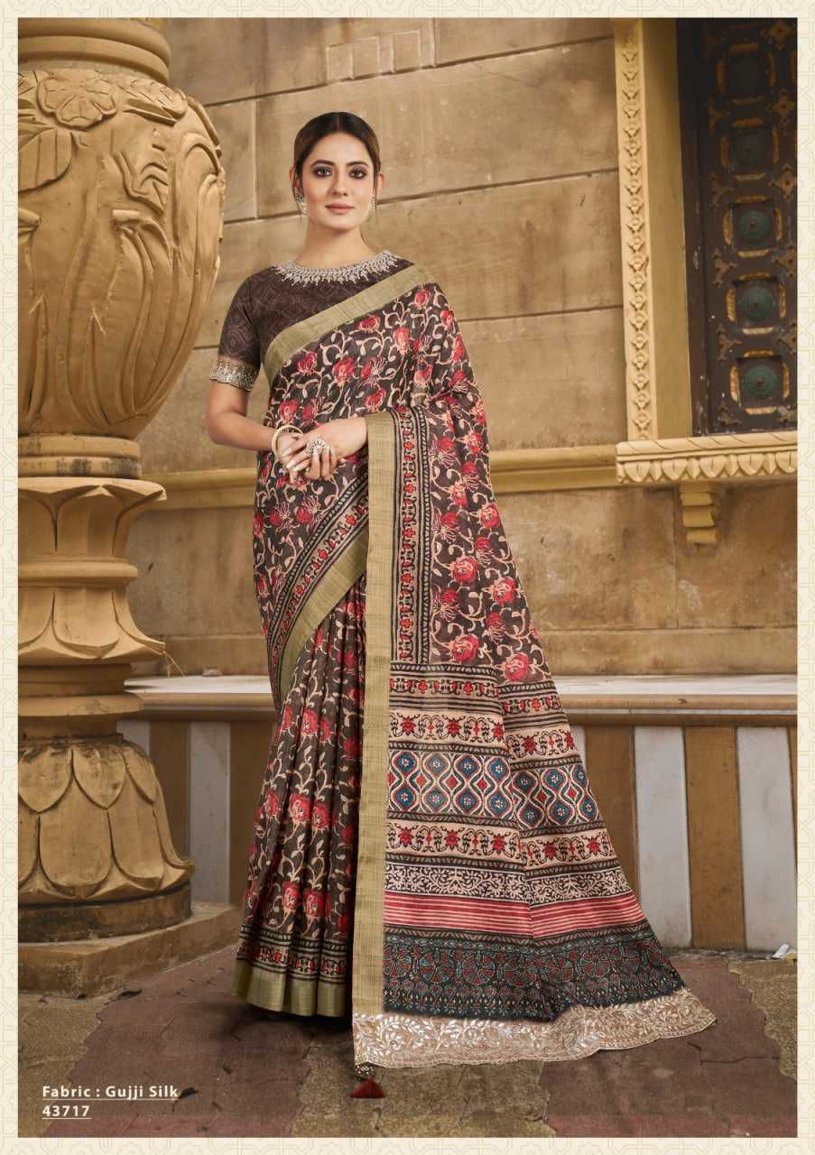 Exquisite Gajji Silk Floral Print Saree with Handwork & Stone Border