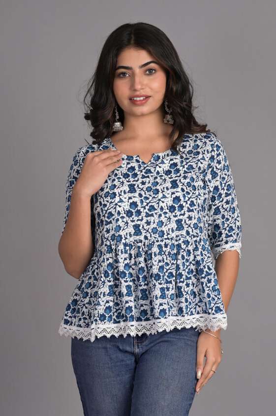 Cotton Sky Blue Casual Wear Printed Readymade Top