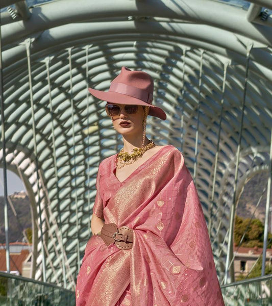 Pure Katan Silk Checks Handloom Weaving Saree (Pink)