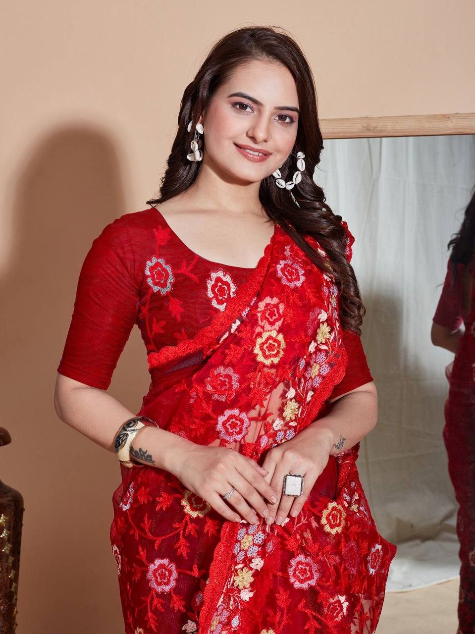 Butterfly Soft Net fabric with Embroider work and Multi work cut border Saree