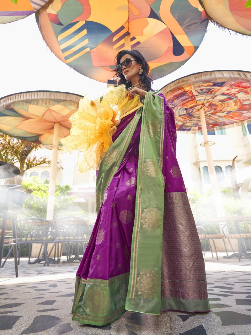 Pure Katan Banarsi Weaving Silk Blend Saree (Purple)