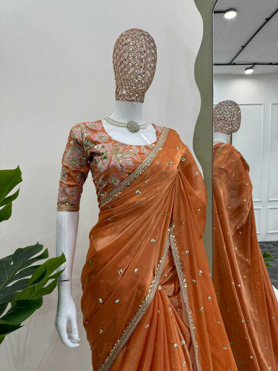 Fanta Orange Shimmery Organza Designer Saree