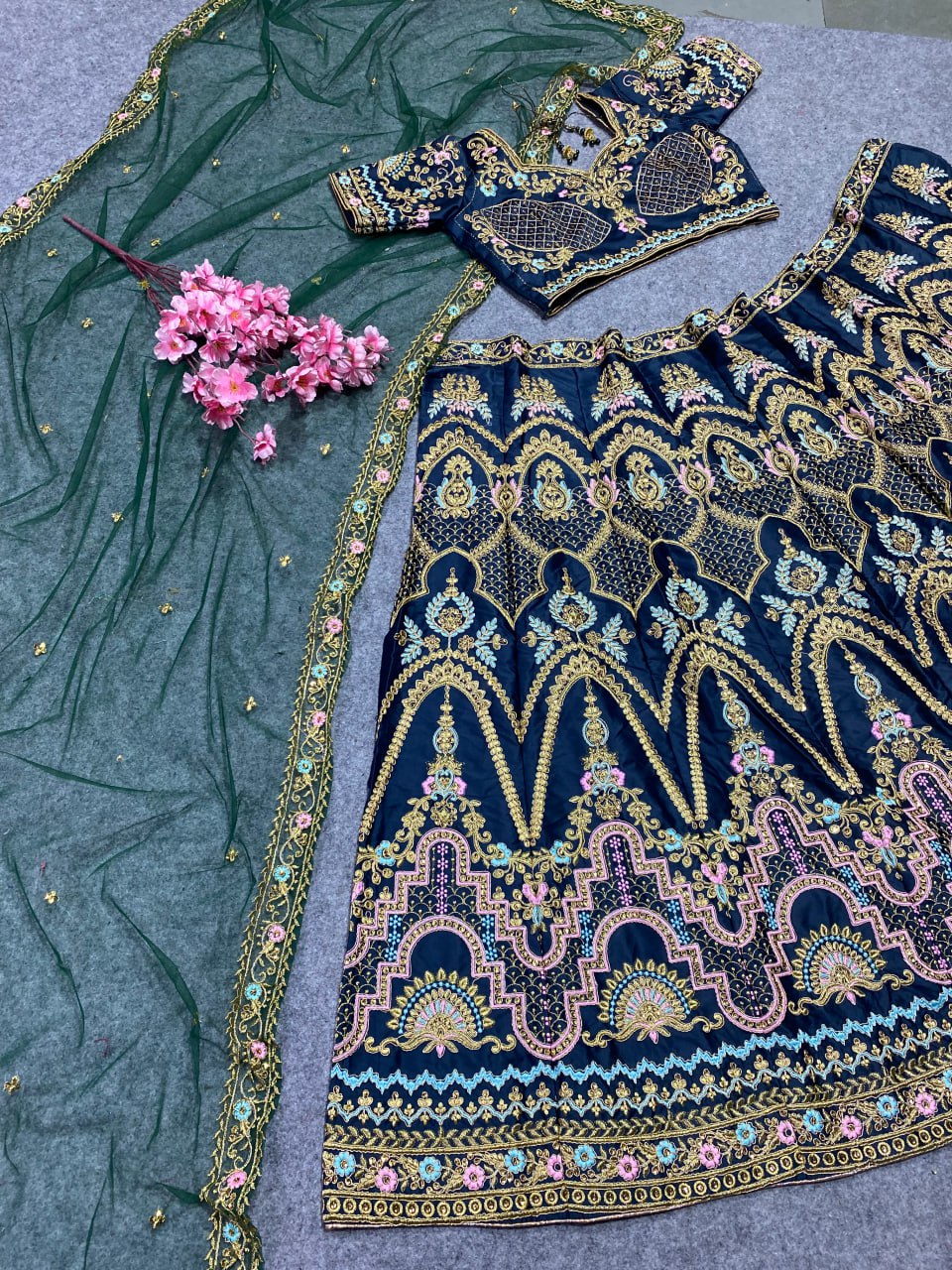 Classic Royal Green Color Embroidered Attractive Malay Satin Silk Dulhan Lehenga choli