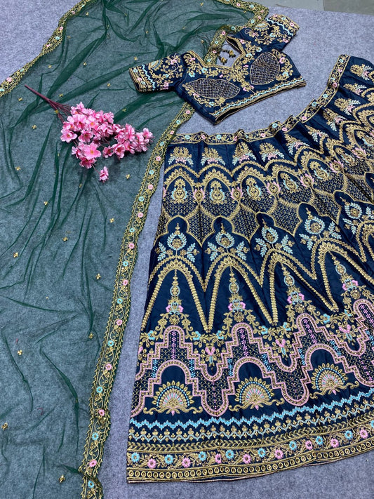 Classic Royal Green Color Embroidered Attractive Malay Satin Silk Dulhan Lehenga choli