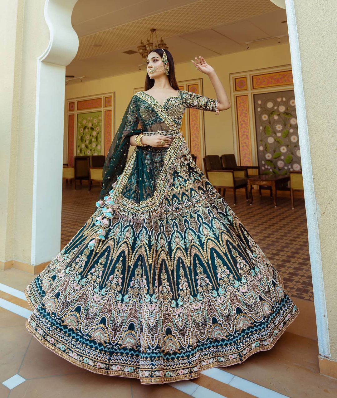 Classic Royal Green Color Embroidered Attractive Malay Satin Silk Dulhan Lehenga choli