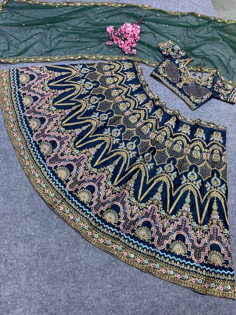 Classic Royal Green Color Embroidered Attractive Malay Satin Silk Dulhan Lehenga choli