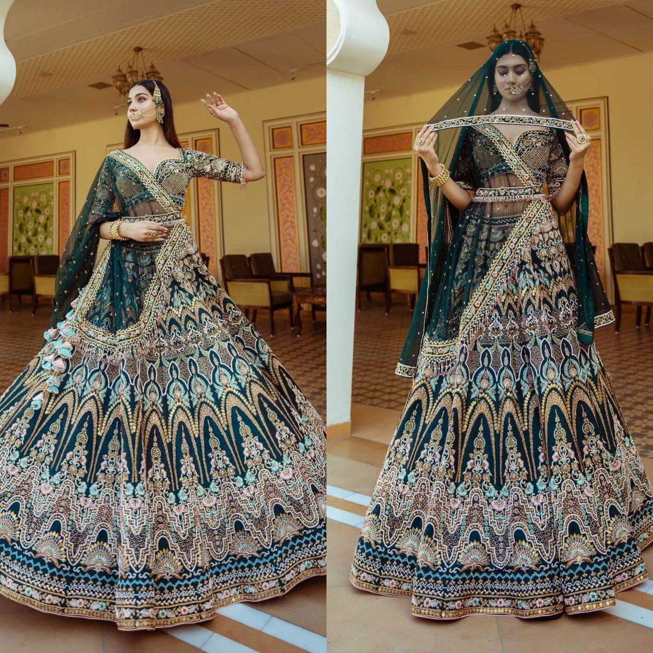 Classic Royal Green Color Embroidered Attractive Malay Satin Silk Dulhan Lehenga choli