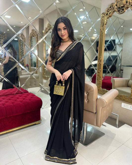 FAUX GEORGETTE  EMBROIDERY LACE BORDER WORK SAREE