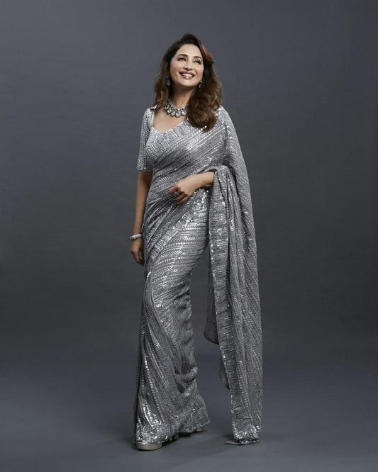Madhuri Dixit Heavy Sequence Saree Grey Color
