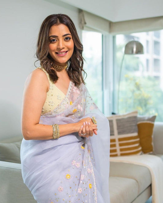 Grey Organza Silk Hand Cut Work Saree