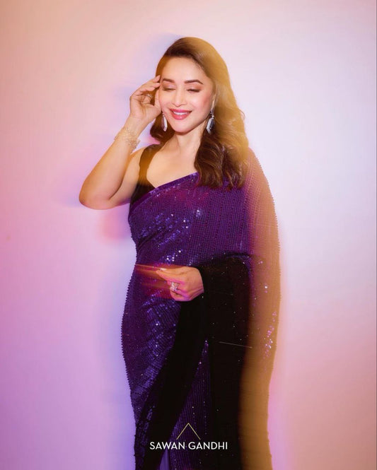 Madhuri Dixit Purple And Black Sequin Saree At Anant Ambani Wedding Buy Online