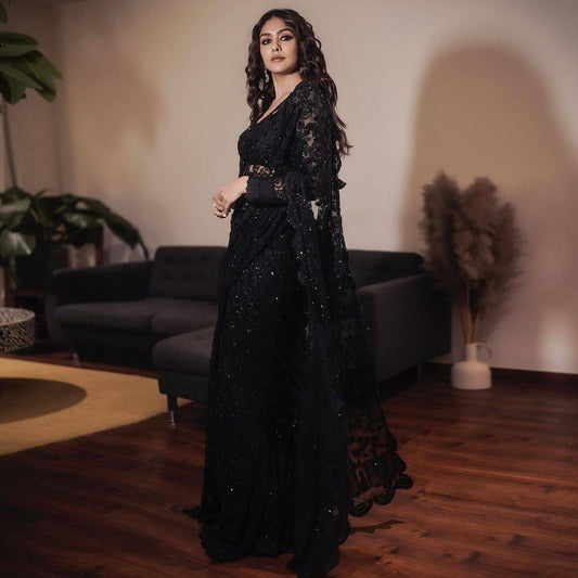 Mrunal Thakur Saree in Black Color Soft Net With Sequins Embroidery Work