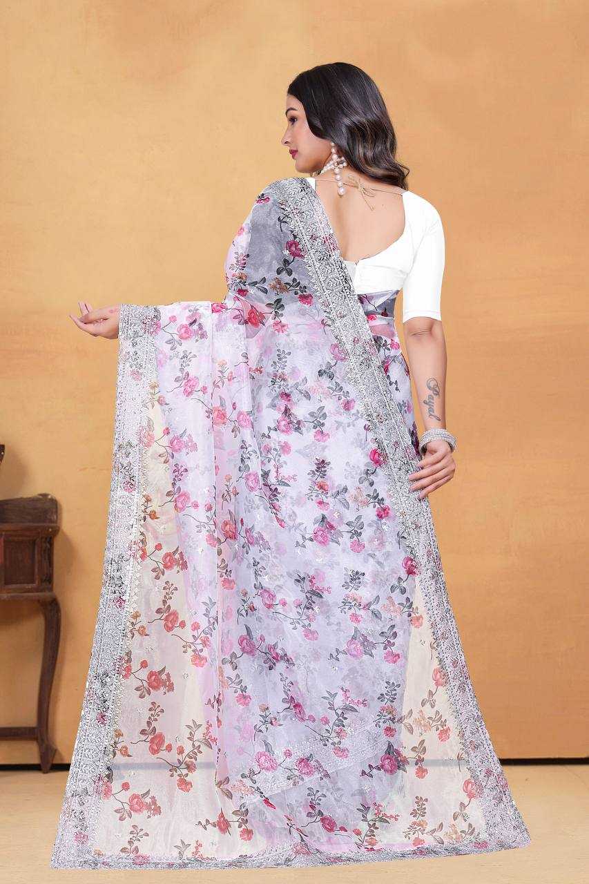 Tissue Organza Saree with Digital Floral Print & Embroidery Work