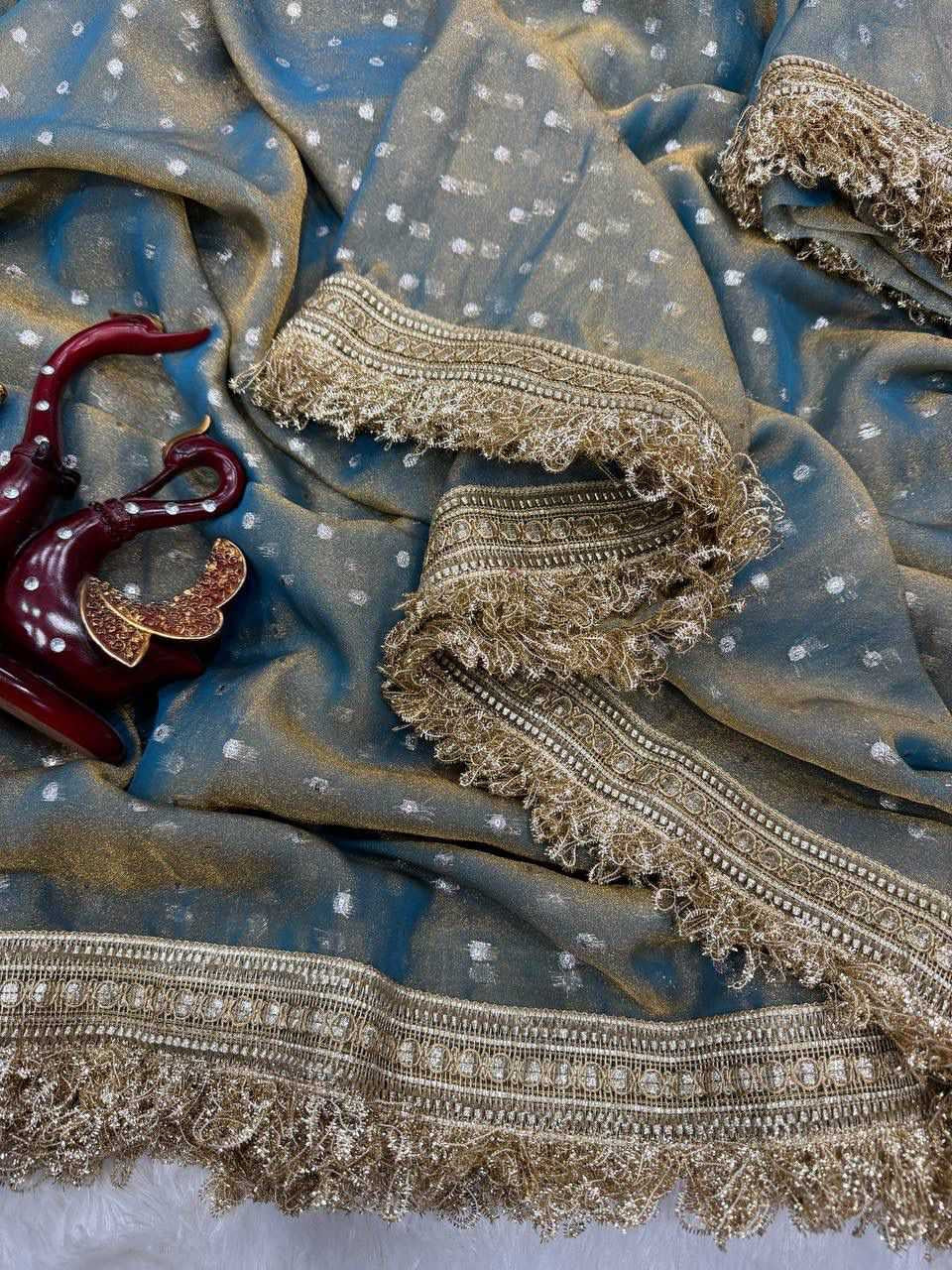 Premium Moss Silk Saree with Jacquard Butti Work & Fancy Lace Border
