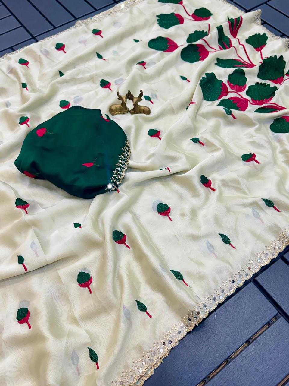 Rangoli Silk Saree with All-Over Embroidery, Mirror Work & Cutwork Border