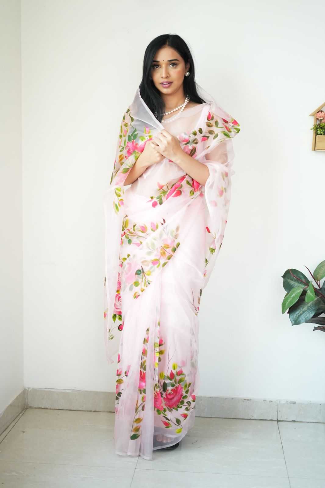 White Organza Ready-to-Wear Printed Saree with Matching Blouse